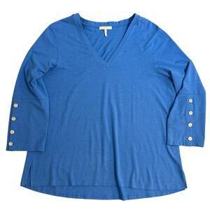 Hinson Wu Blouse Christy 3/4 Sleeve Tailored Knit Button Cotton Modal Blue Large